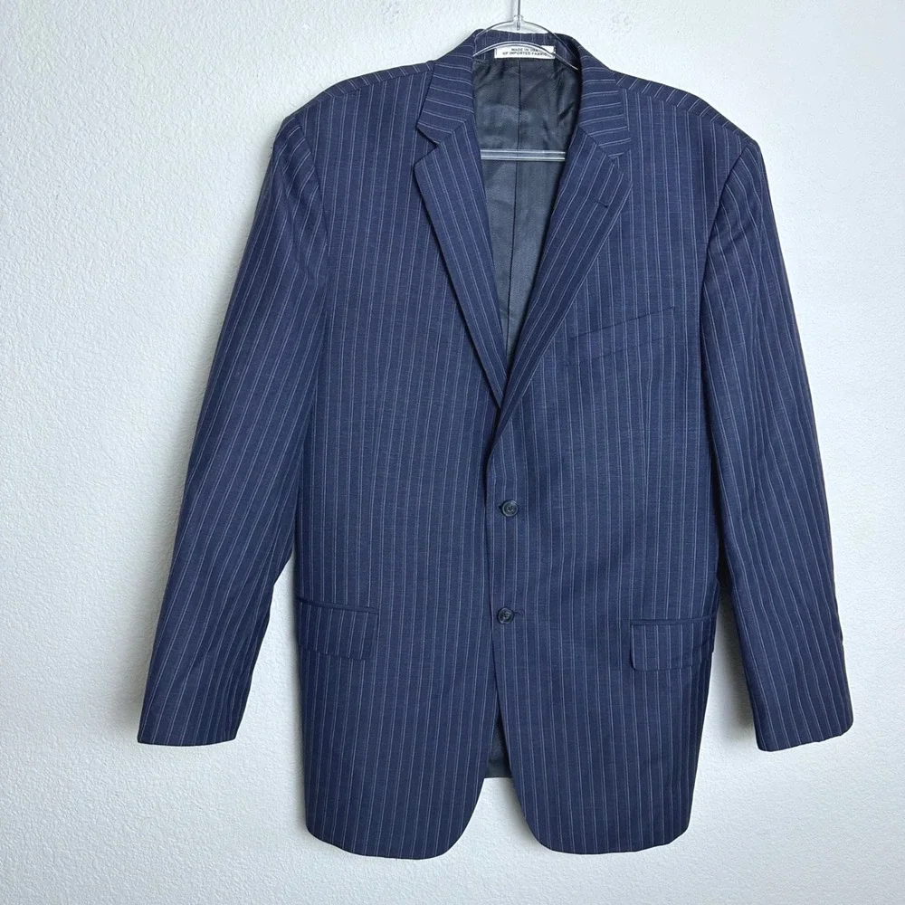 Joseph Abboud Mens 44L Navy Pinstripe Wool Linen Mohair Blazer Sport Coat USA